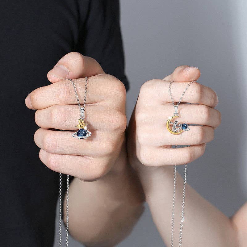 Little Prince Planet Moon Necklace in 925 Sterling Silver