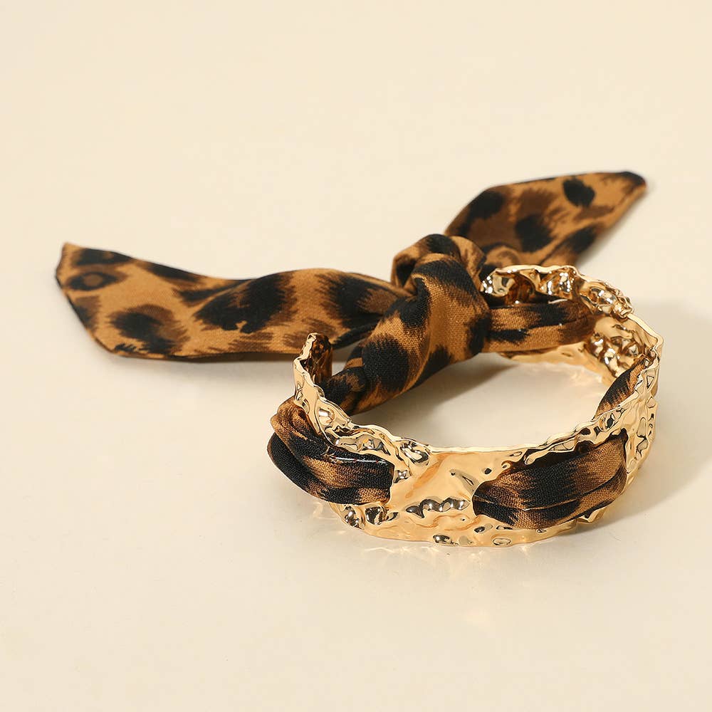 Leopard Print Fabric Scarf Hammered Metal Cuff Bracelet