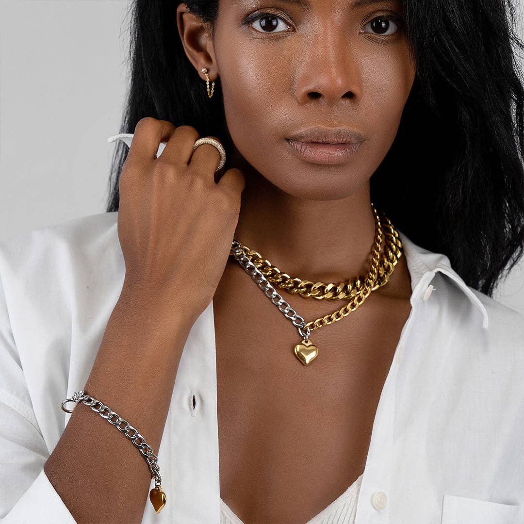 Water Resistant Half and Half Heart Chain Toggle Necklace