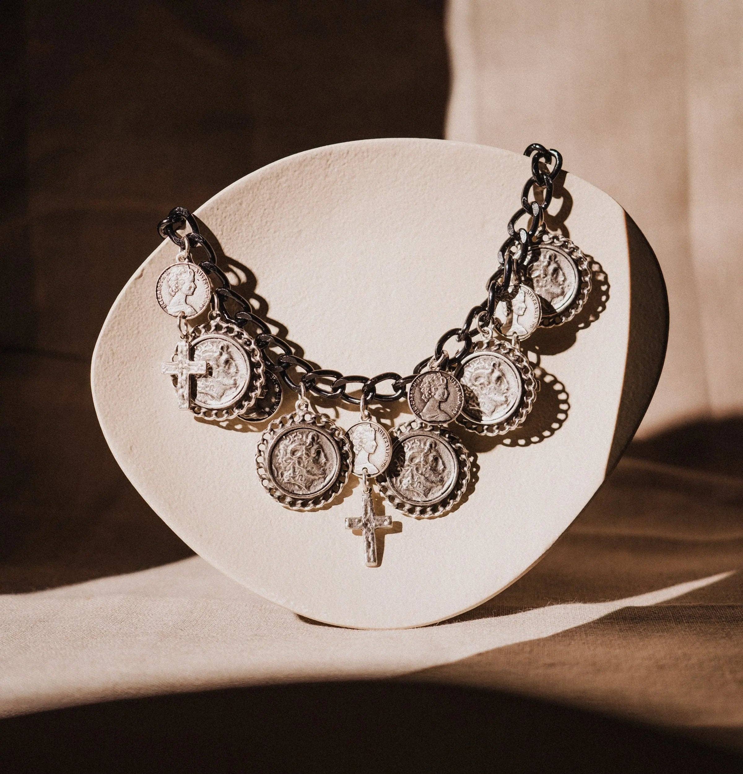 Coin and Cross Necklace, Maximalist Jewelry