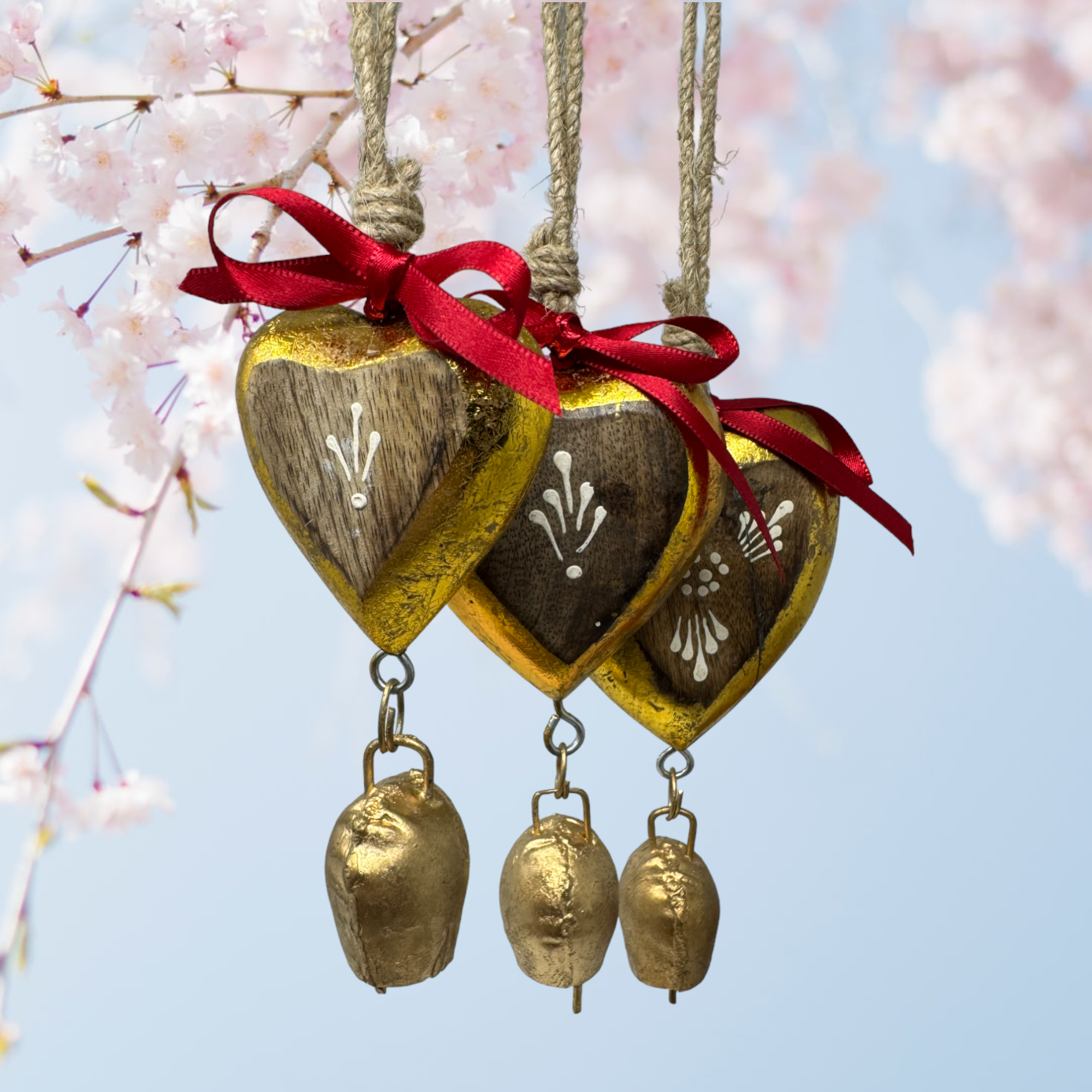 Set of 3 Solid Mango Wood Godiva Hearts Love Bells