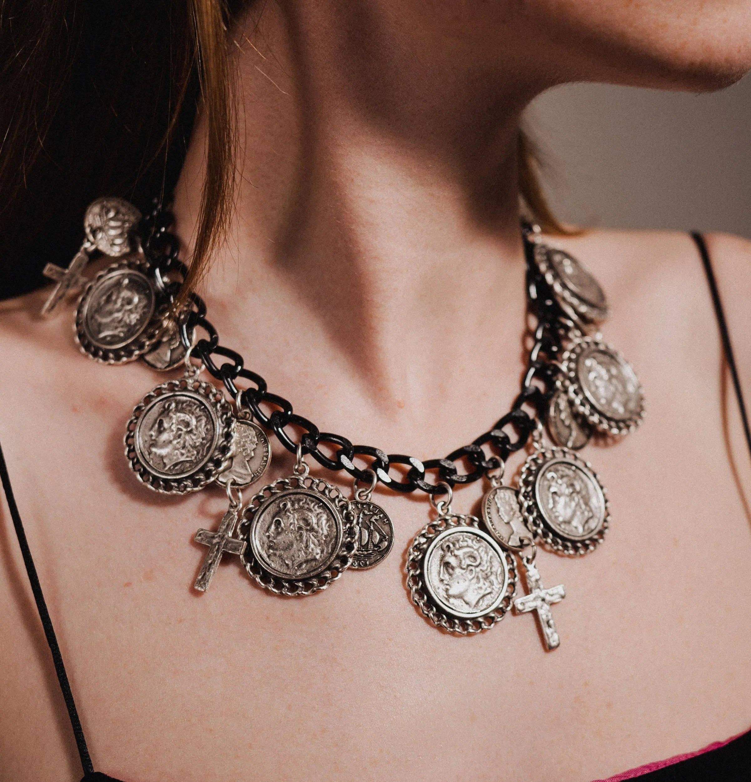 Coin and Cross Necklace, Maximalist Jewelry