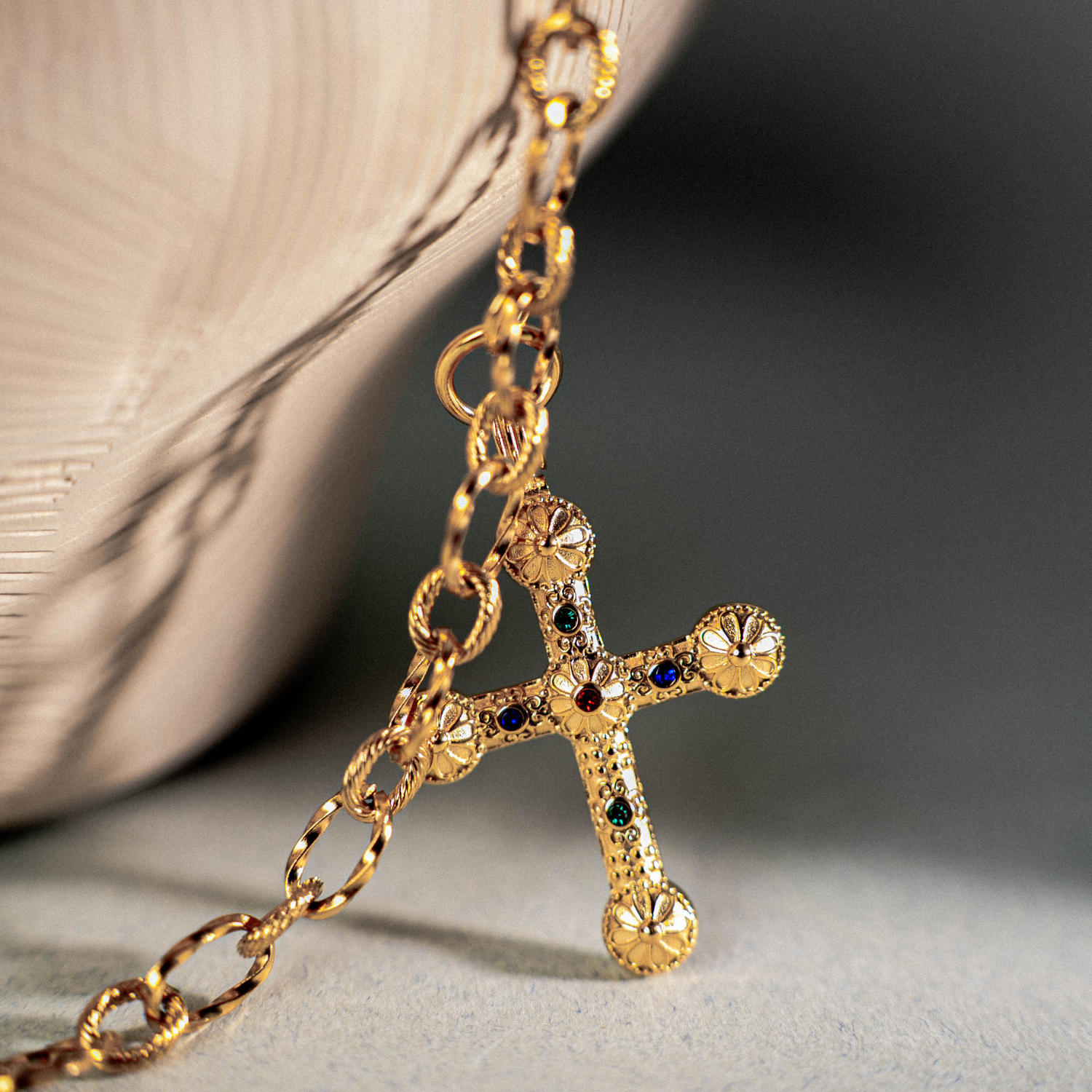 Byzantine Cross Necklace – Gold-Plated Stainless Steel with Multicolored Crystals