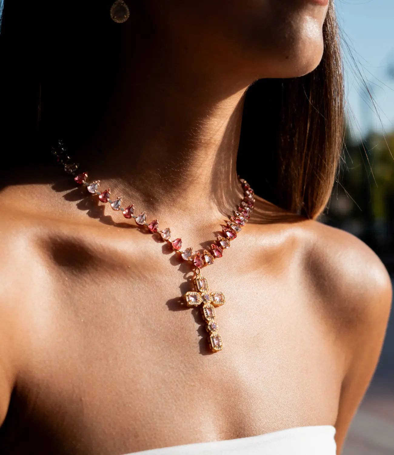 Pink Crystal Necklace with a Golden Cross