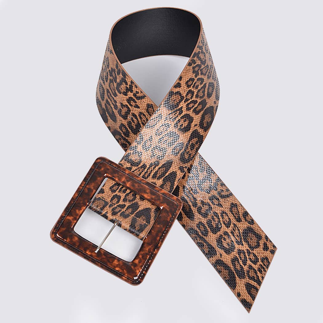 Iconic Square Buckle Belt with Leopard Print