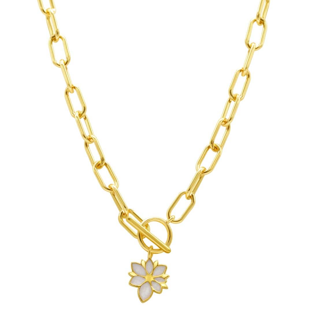 White Mother of Pearl Flower Toggle Paper Clip Necklace gold