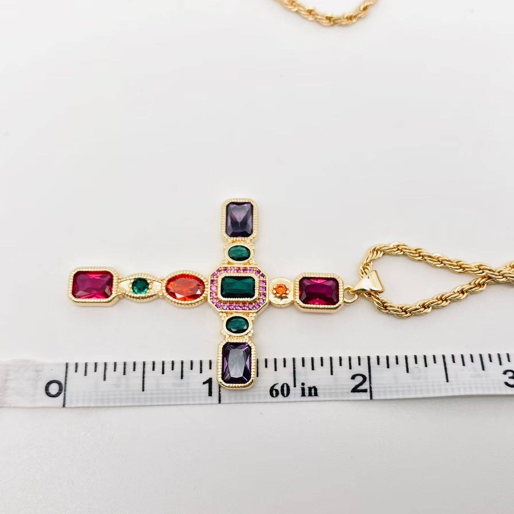 Colored Cubic Zirconia Cross 18KGold Plated Pendant Necklace