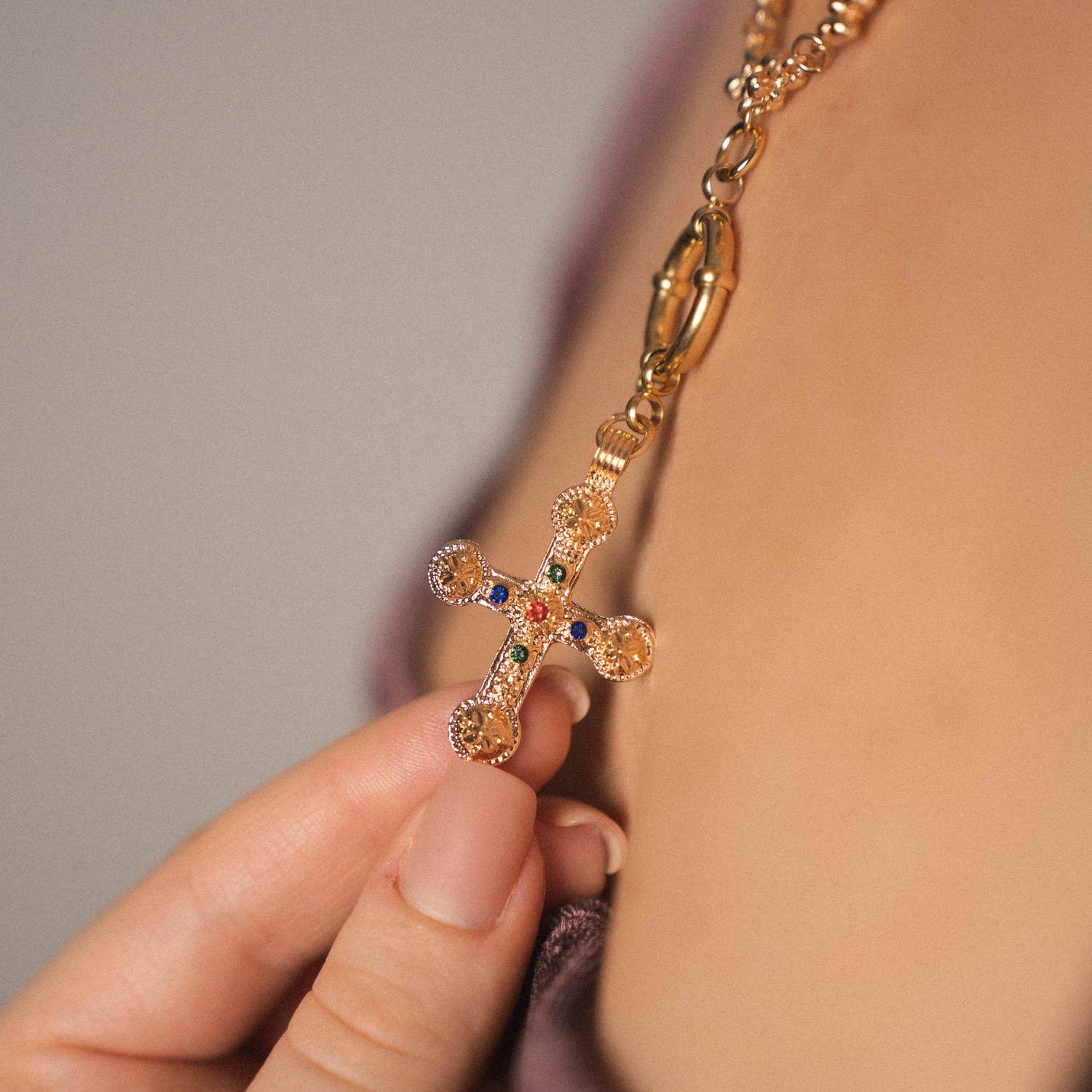 Byzantine Cross Necklace – Gold-Plated Stainless Steel with Multicolored Crystals