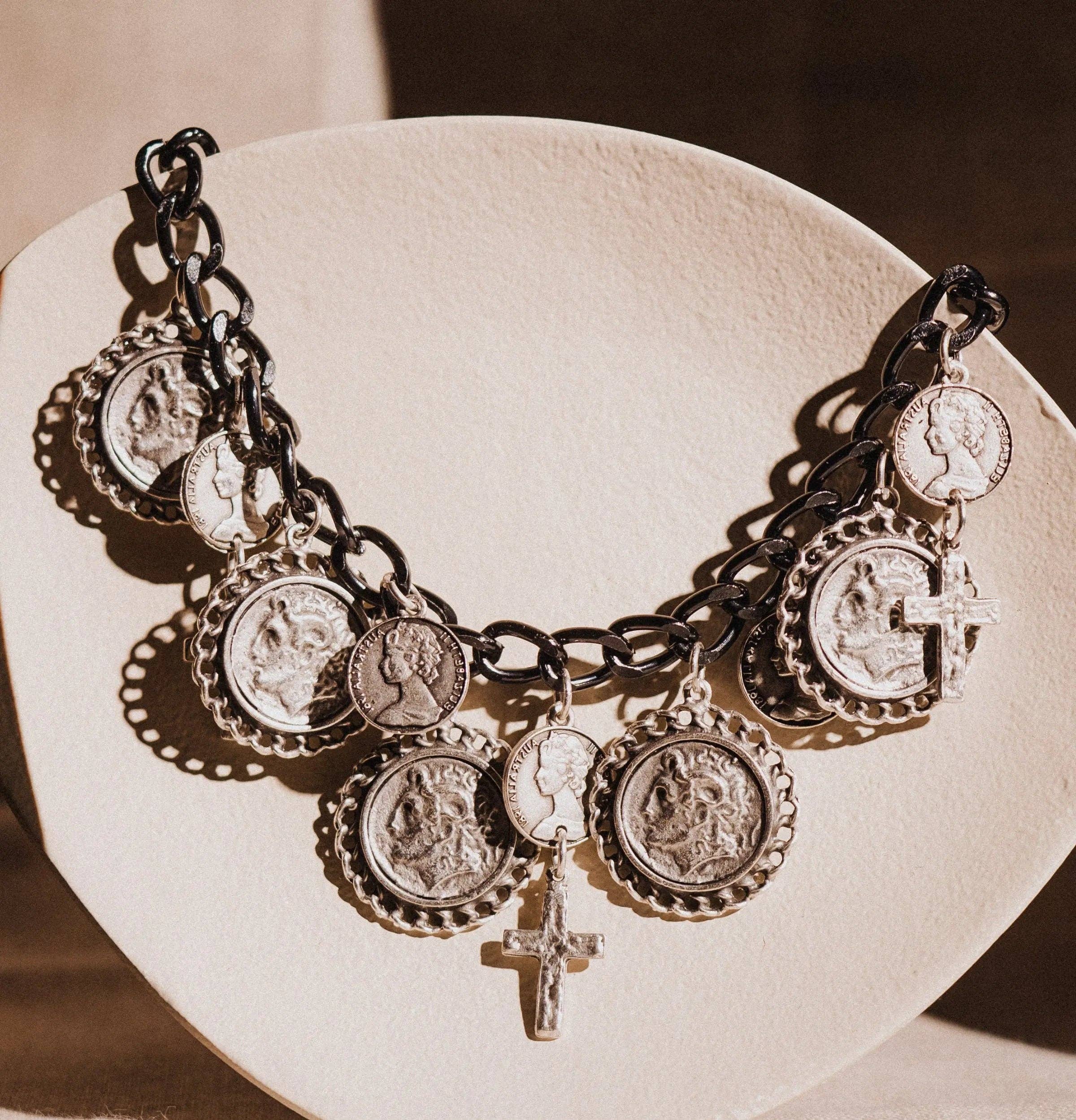 Coin and Cross Necklace, Maximalist Jewelry