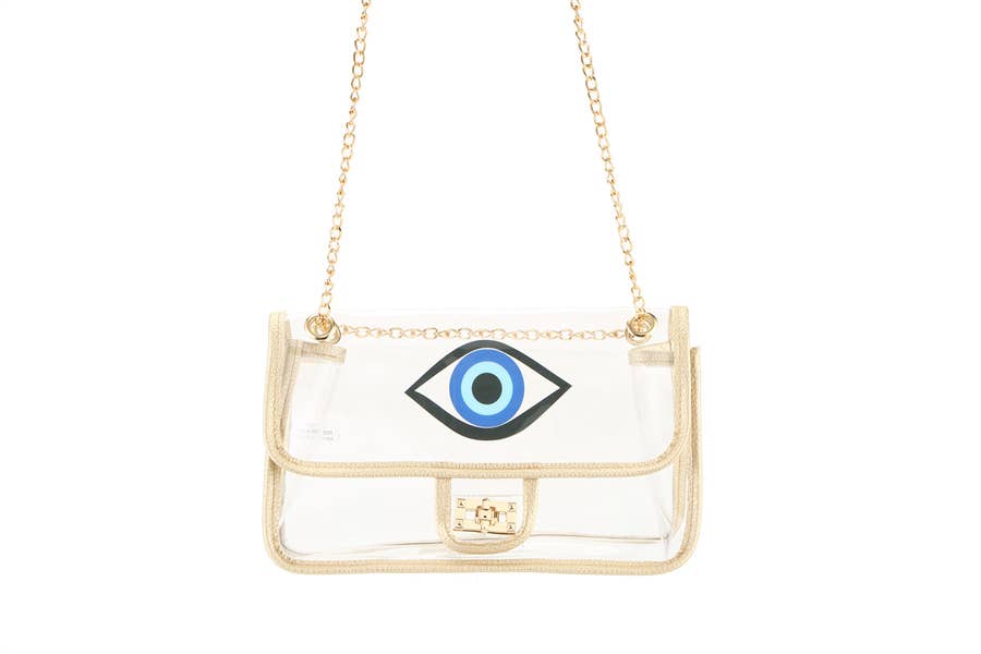 Ladies Clear SeeThru Faux Leather Trim Handbag With Evil Eye
