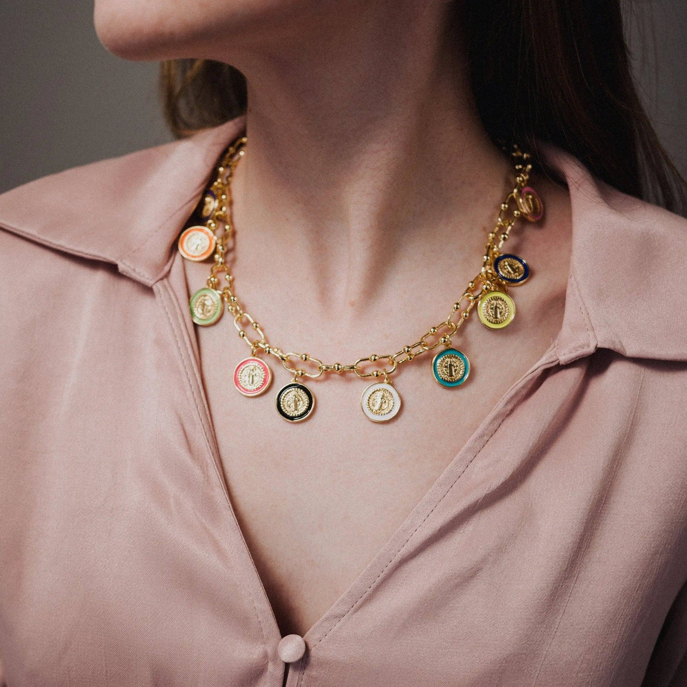 Catholic Necklace, Necklace with Colorful Charms