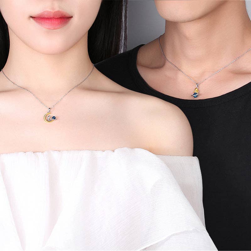 Little Prince Planet Moon Necklace in 925 Sterling Silver