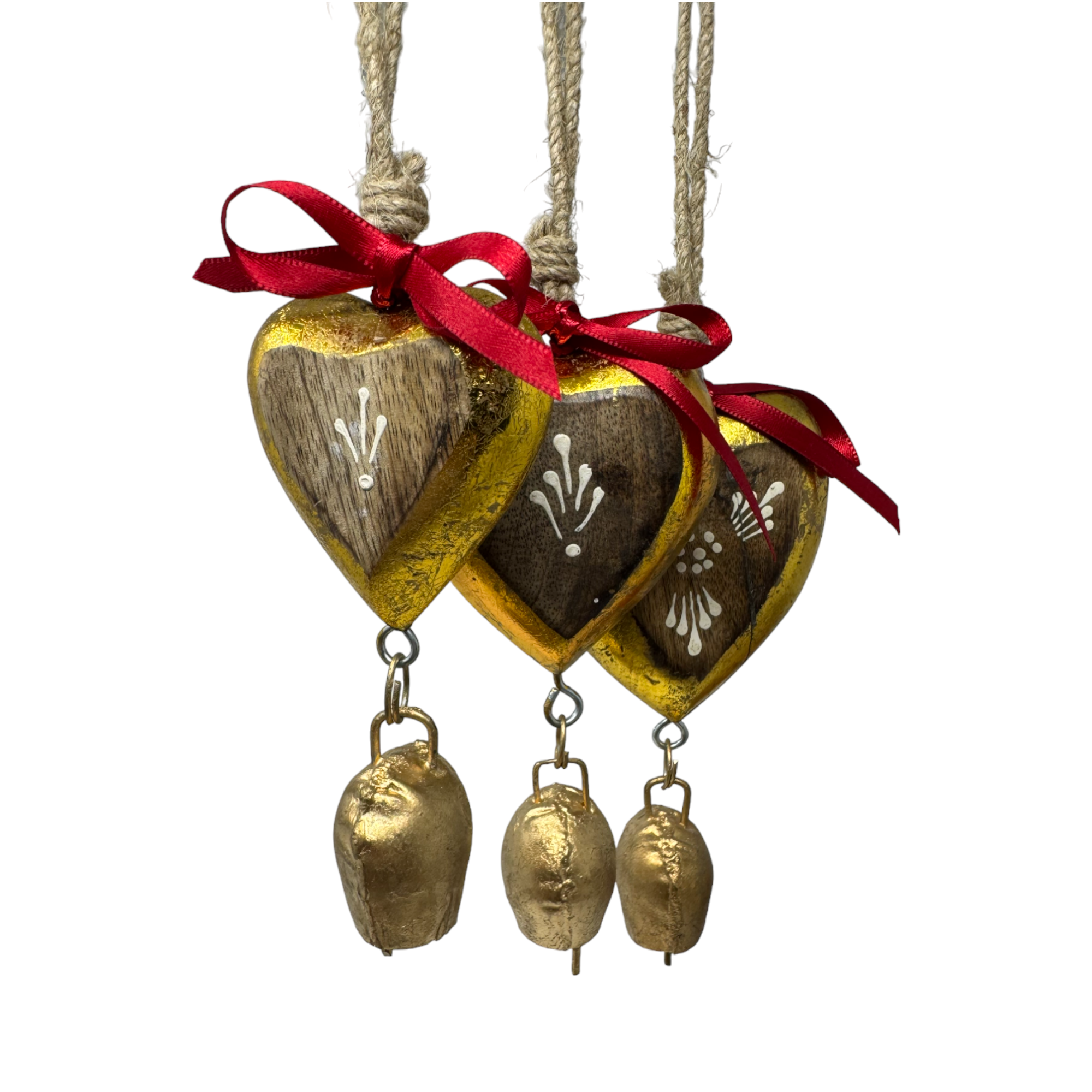 Set of 3 Solid Mango Wood Godiva Hearts Love Bells
