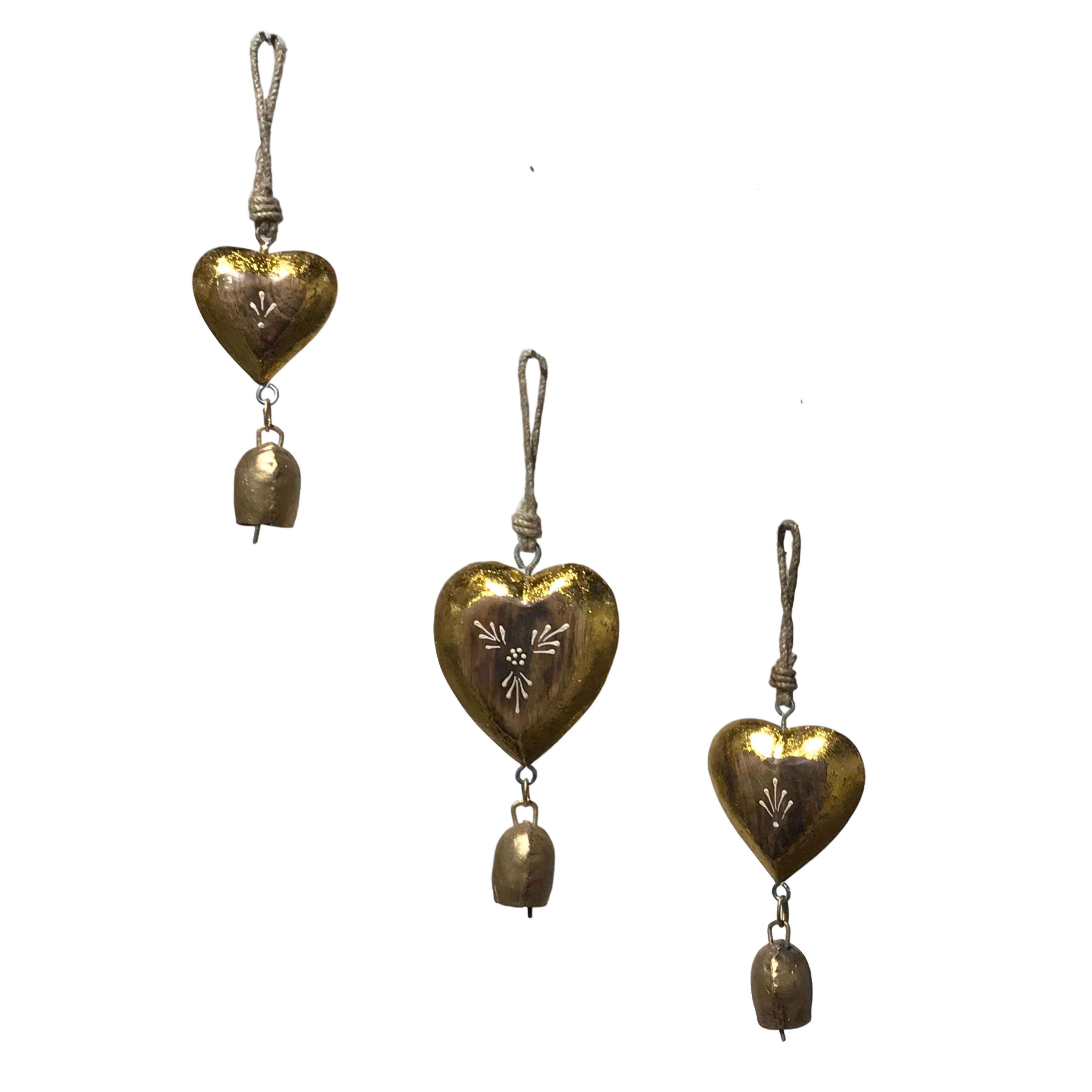 Set of 3 Solid Mango Wood Godiva Hearts Love Bells