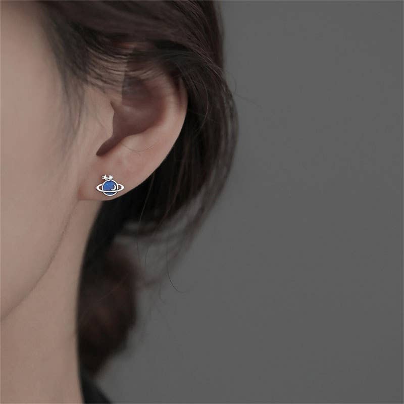 Blue Planet Moon Star Saturn Earrings in 925 Sterling Silver
