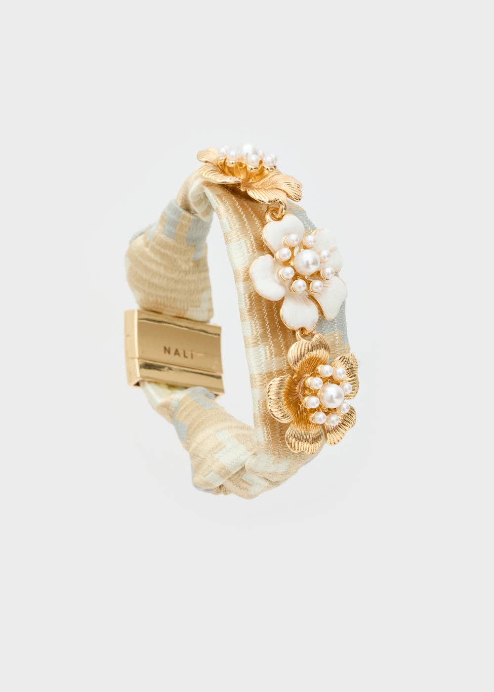 FABRIC BRACELET W/ GOLD + WHITE FLOWERS - N59
