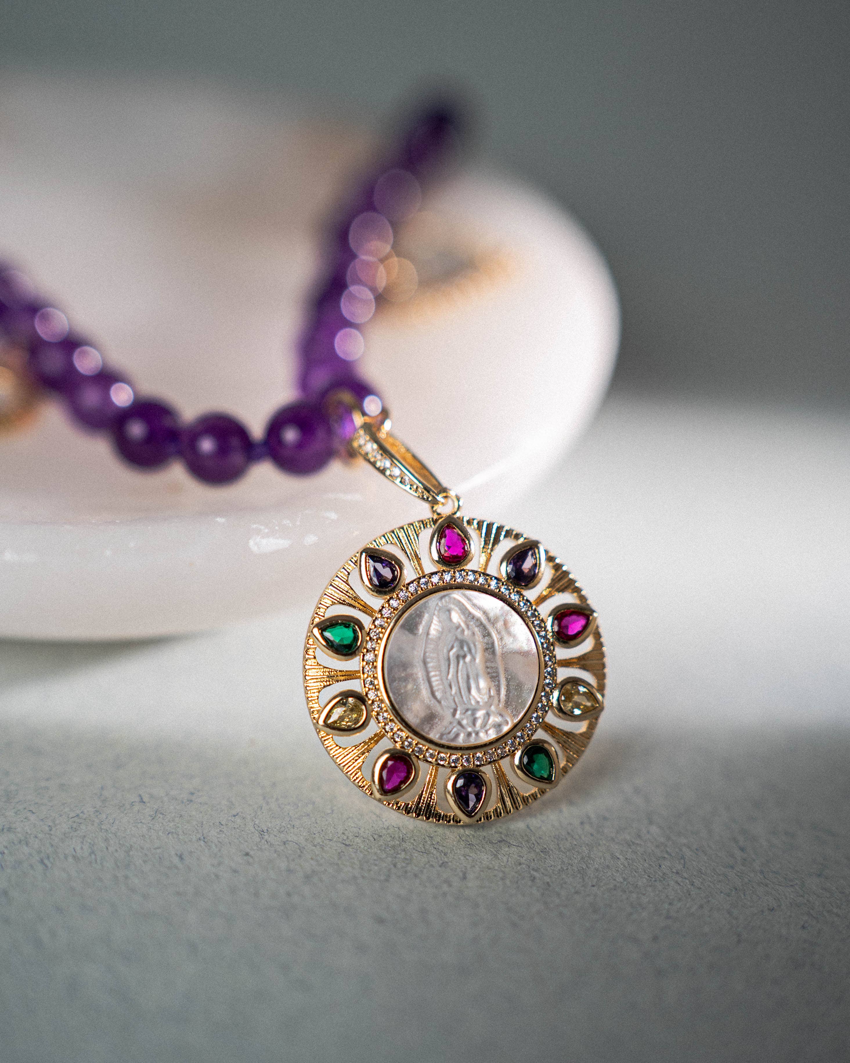 Mother of Pearl and Agate Virgin Necklace