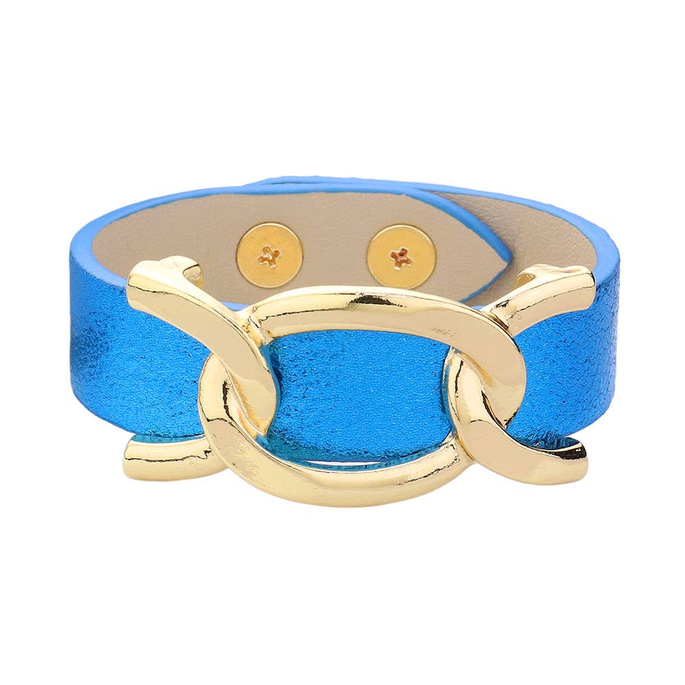 Faux Sparkle Leather Metal Link Accented Snap Bracelet