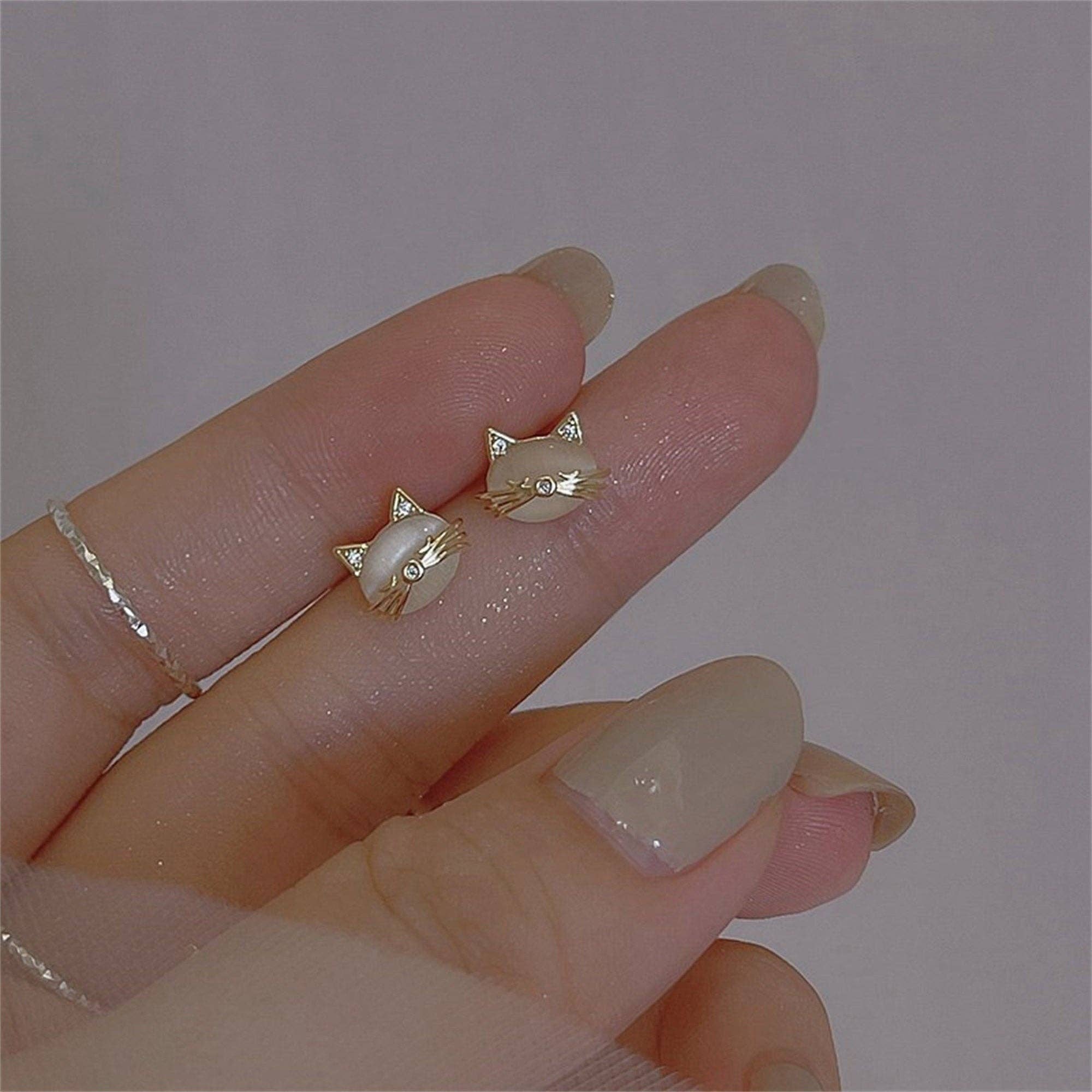 Cute Mini Opal Cat Stud Earrings in 925 Sterling Silver