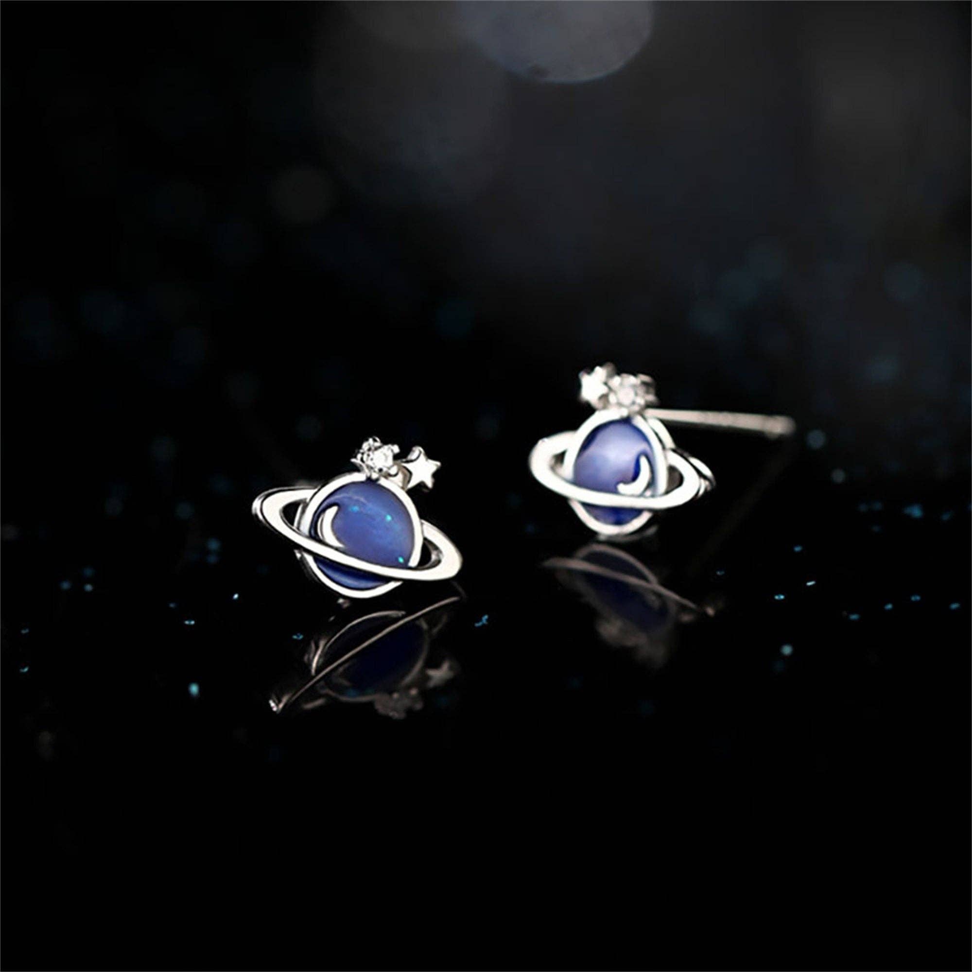 Blue Planet Moon Star Saturn Earrings in 925 Sterling Silver