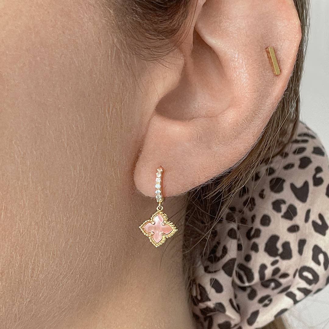Floral Dangle Hoops Pink Mother of Pearl gold