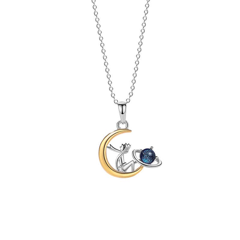 Little Prince Planet Moon Necklace in 925 Sterling Silver