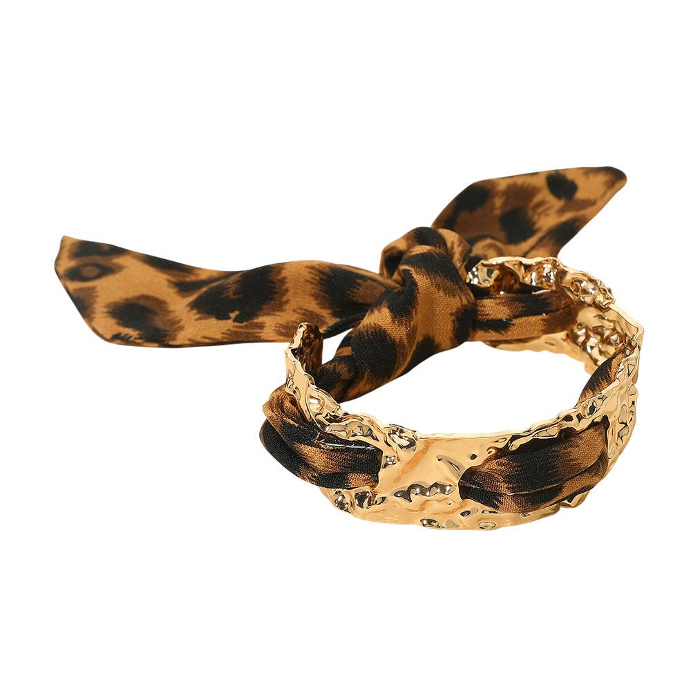 Leopard Print Fabric Scarf Hammered Metal Cuff Bracelet
