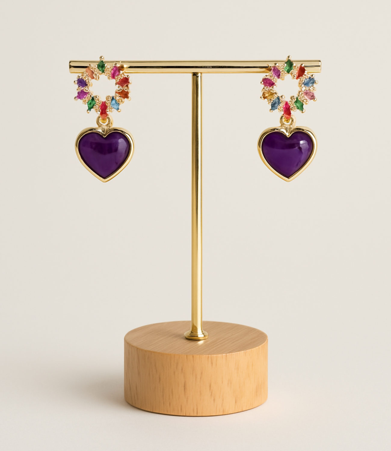 Amethyst earrings with a zirconia circle and 18-carat gold plating