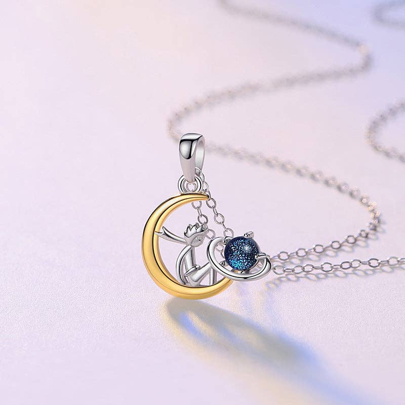 Little Prince Planet Moon Necklace in 925 Sterling Silver