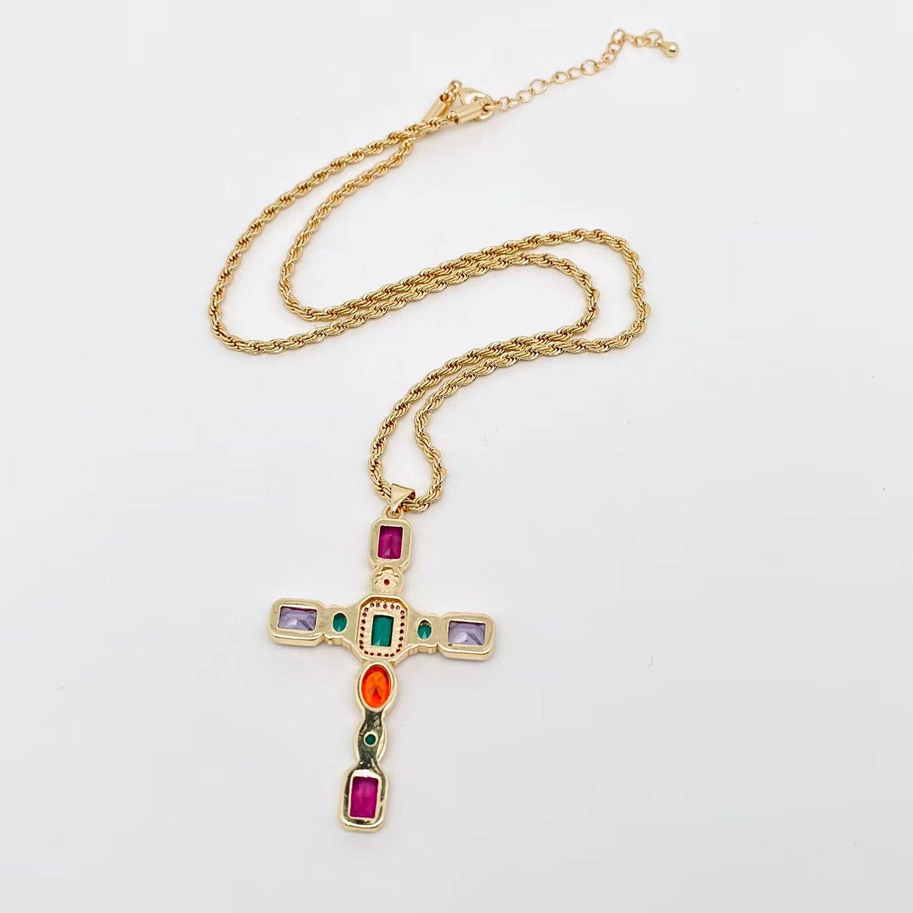 Colored Cubic Zirconia Cross 18KGold Plated Pendant Necklace