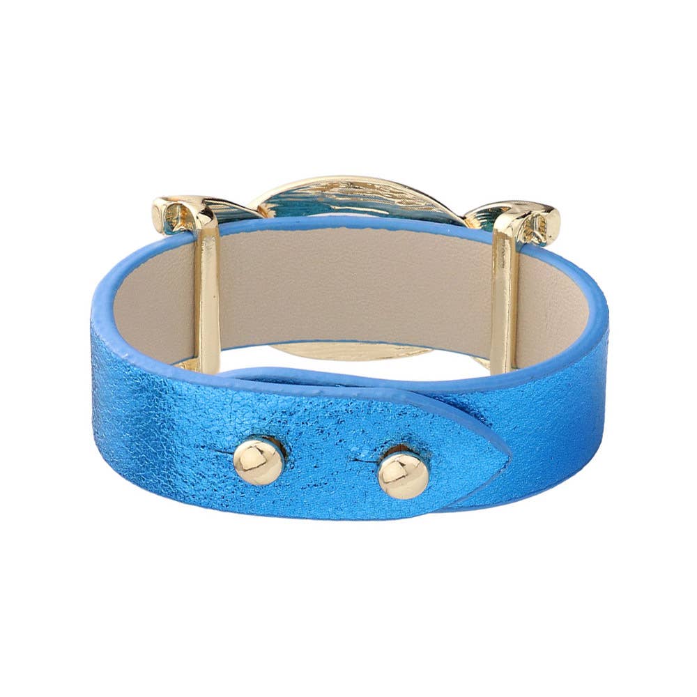 Faux Sparkle Leather Metal Link Accented Snap Bracelet