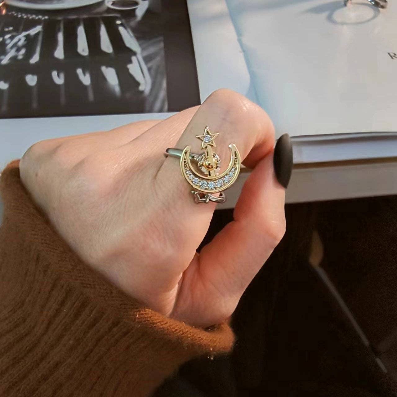 Moon Star Anxiety Fidget Spinner Ring in Solid Copper