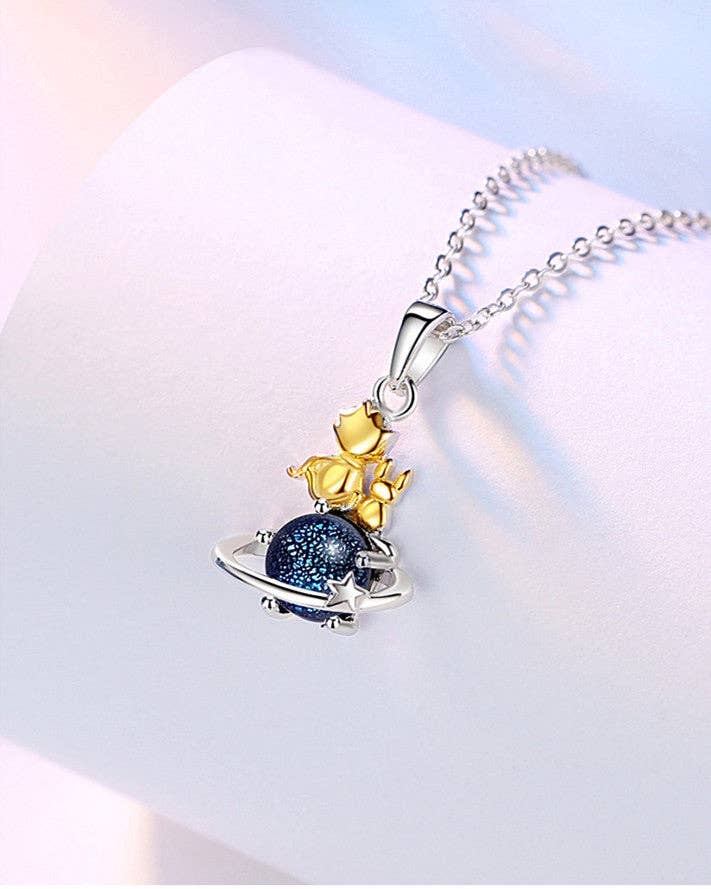 Little Prince Planet Moon Necklace in 925 Sterling Silver