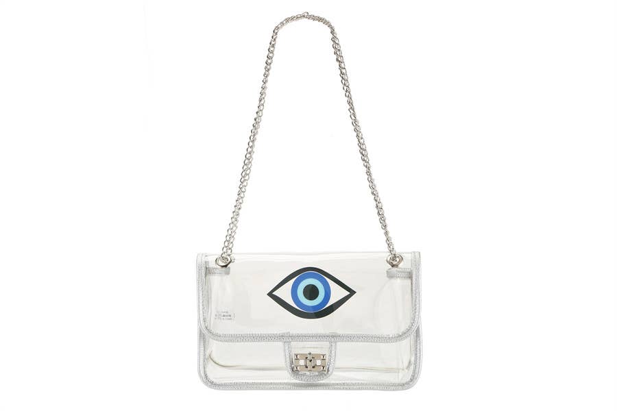 Ladies Clear SeeThru Faux Leather Trim Handbag With Evil Eye