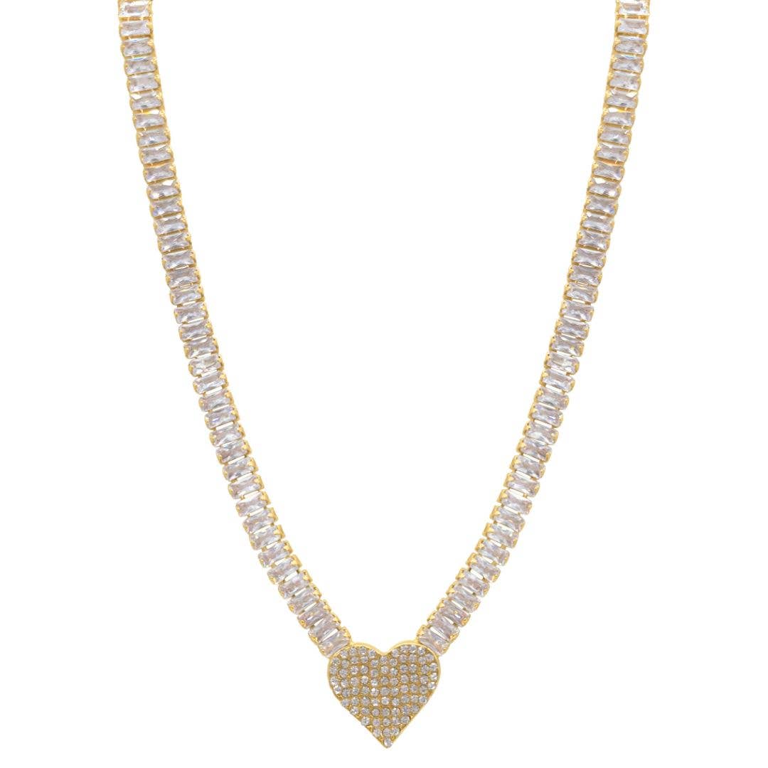 Baguette Tennis Necklace with Pave Heart Pendant gold