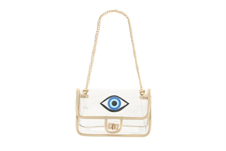 Ladies Clear SeeThru Faux Leather Trim Handbag With Evil Eye