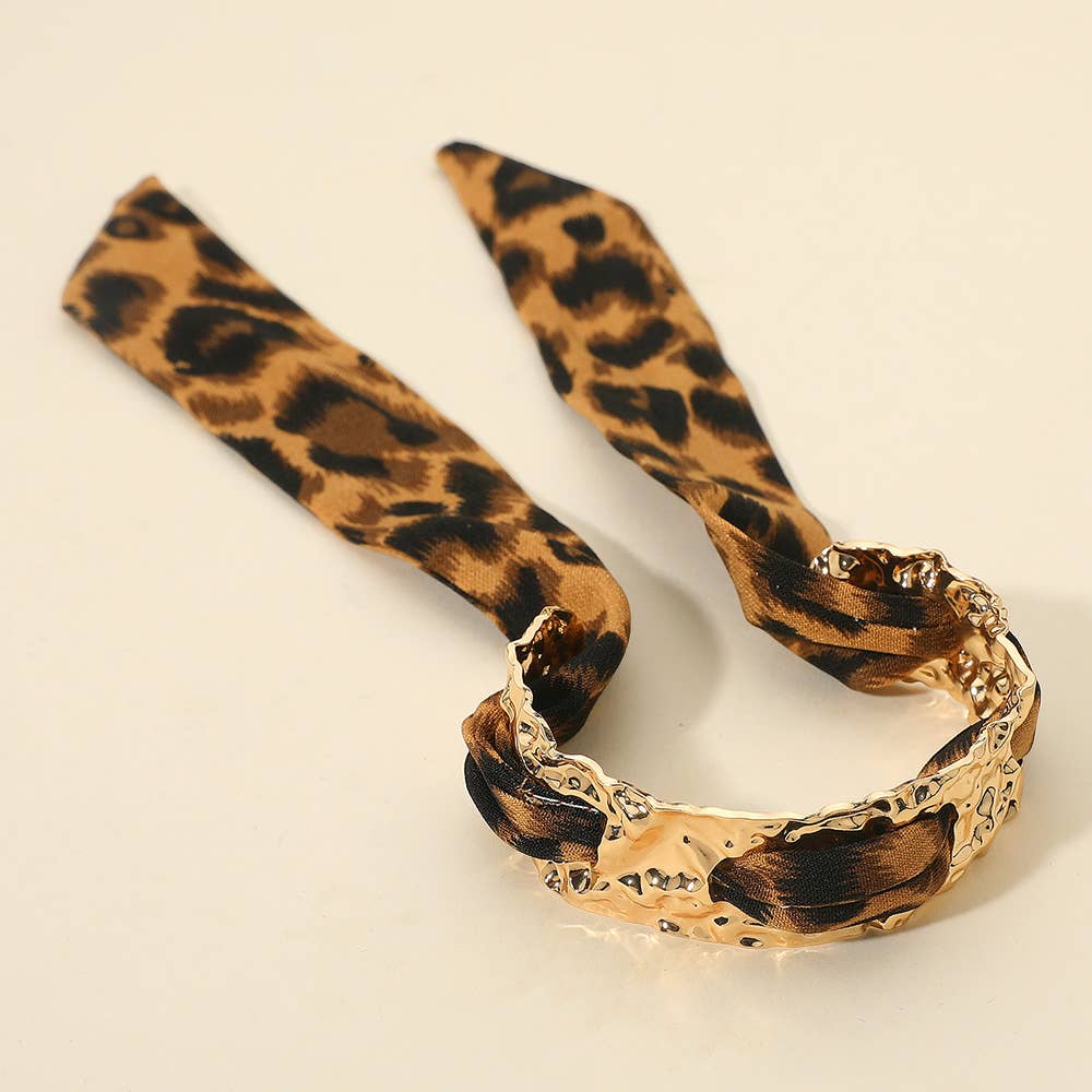 Leopard Print Fabric Scarf Hammered Metal Cuff Bracelet