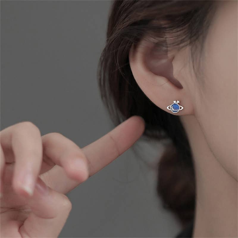 Blue Planet Moon Star Saturn Earrings in 925 Sterling Silver