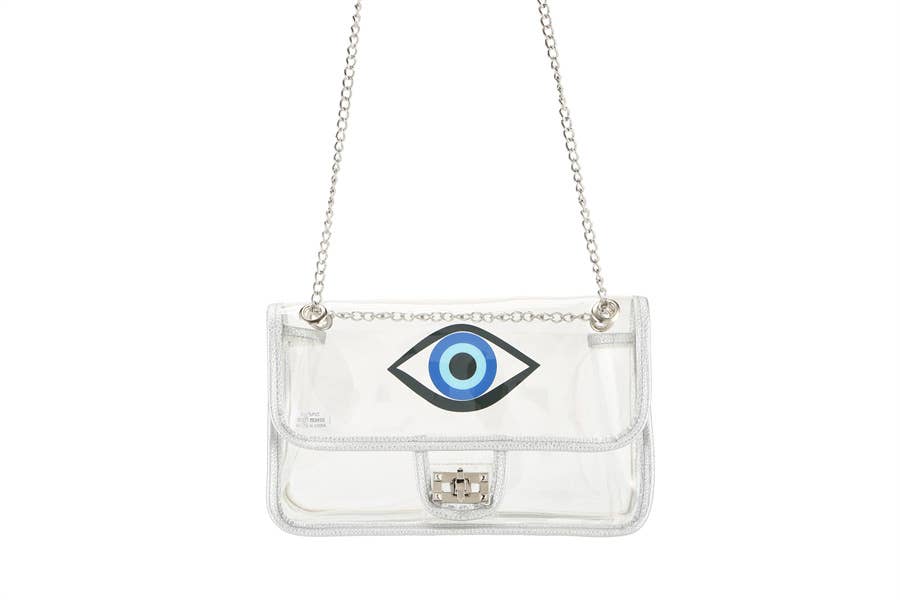 Ladies Clear SeeThru Faux Leather Trim Handbag With Evil Eye
