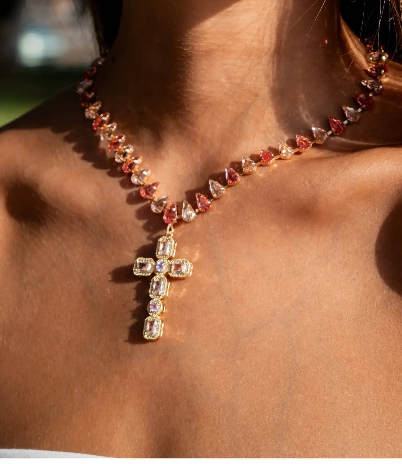 Pink Crystal Necklace with a Golden Cross