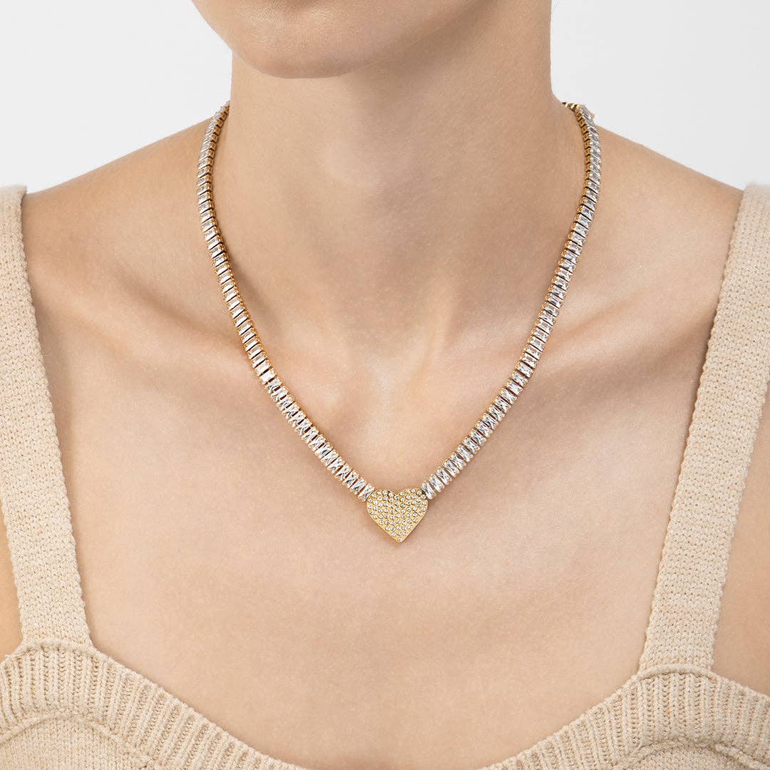 Baguette Tennis Necklace with Pave Heart Pendant gold