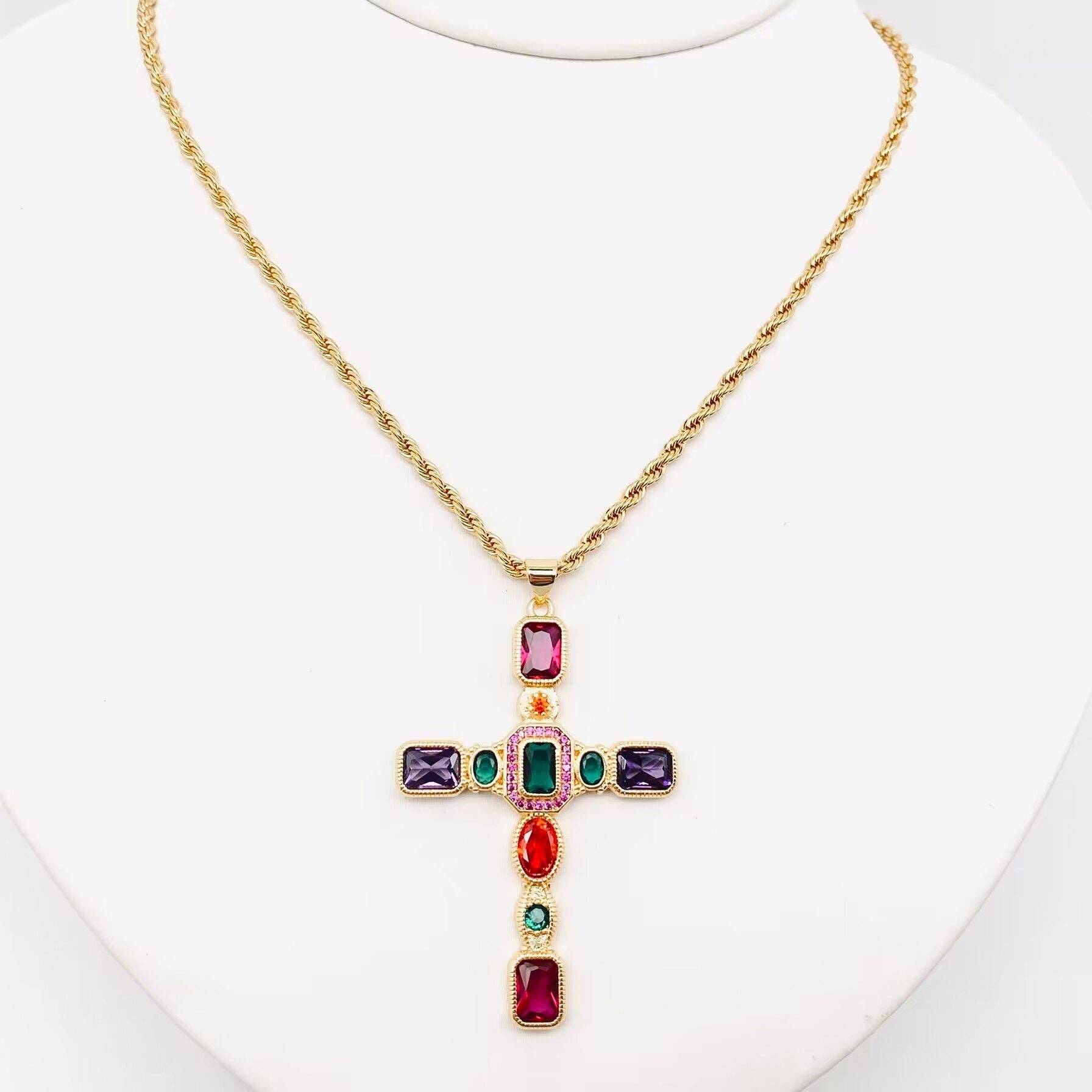 Colored Cubic Zirconia Cross 18KGold Plated Pendant Necklace